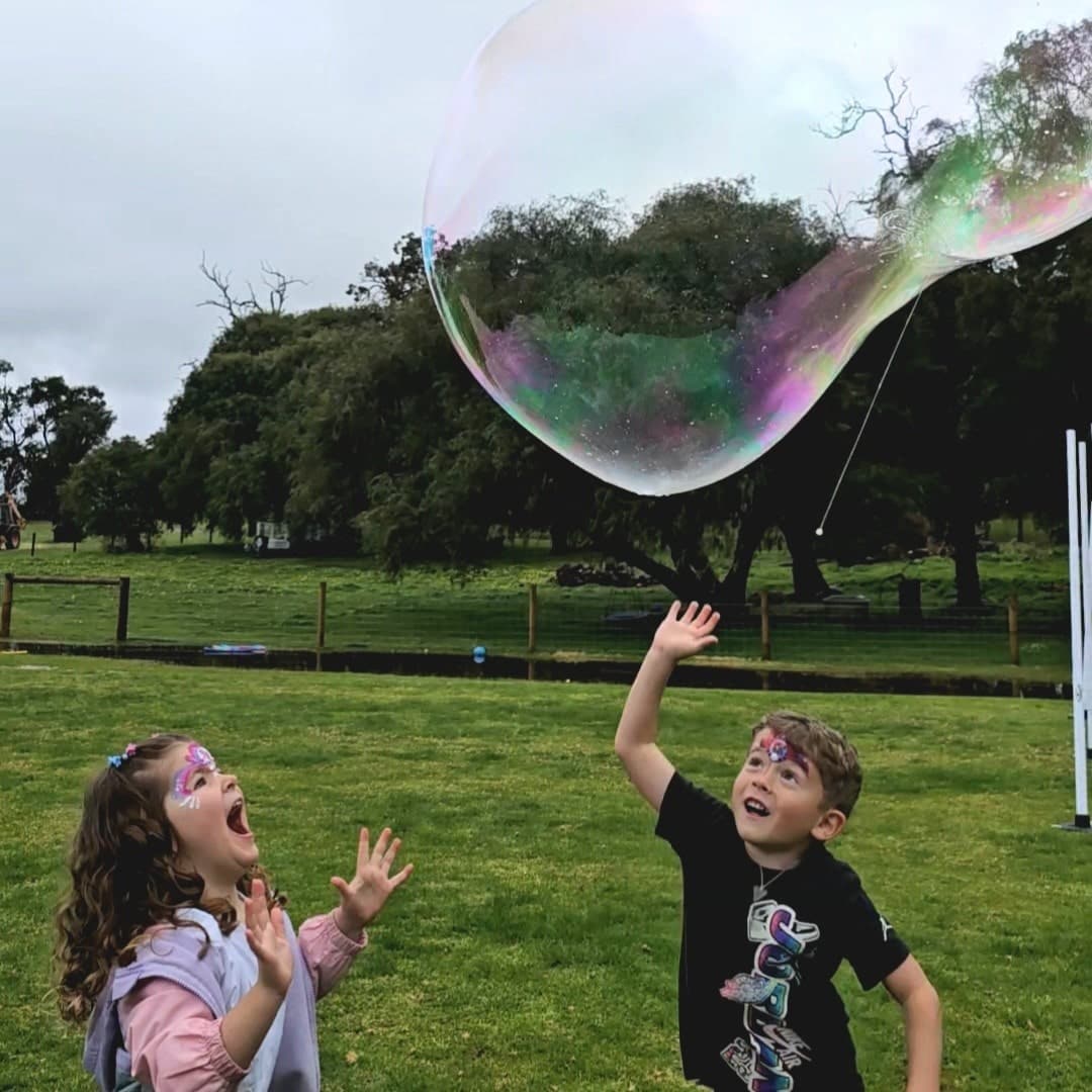 Giant bubbles at a birthday party with Shelle's Fancy Face Painting